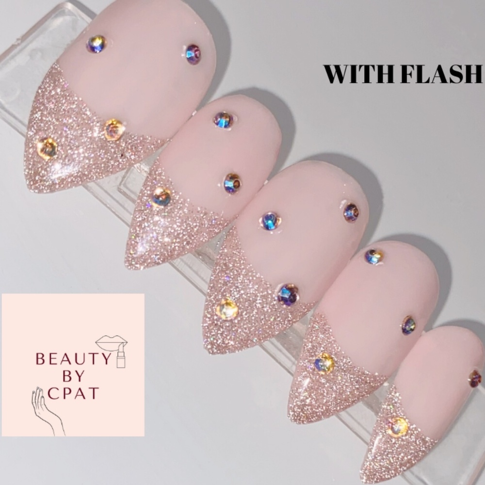 Rose Gold French Reflective Glitter w/ rhinestone's/bling Luxury Press On Nails